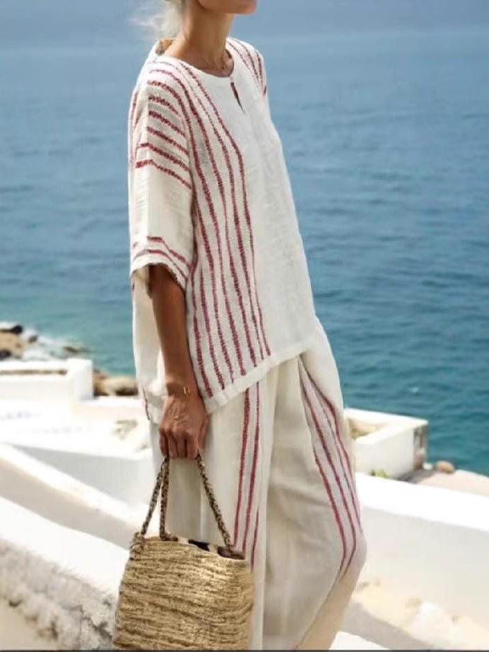 European & American Style Women's 2-Piece Set: Striped Short Sleeve Linen Cotton Top with Round Neck & Casual Pants, 2025