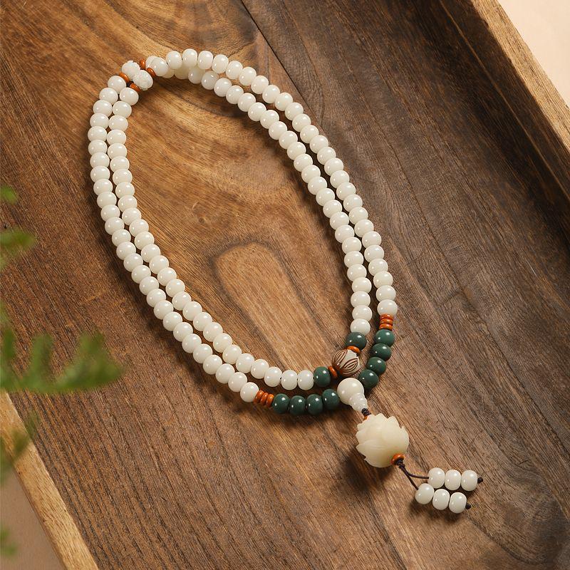 White Jade Bodhi Root 108-Bead Lotus Bracelet for Men and Women - Wenwan Prayer Beads