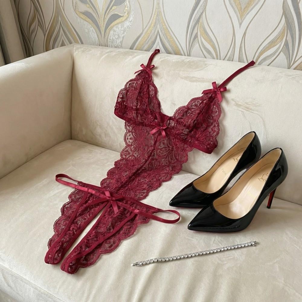 Deep V Neck Lace Bow Bodysuit Transparent Lace Sling Nightwear Sweet Women Lingerie  Ladies