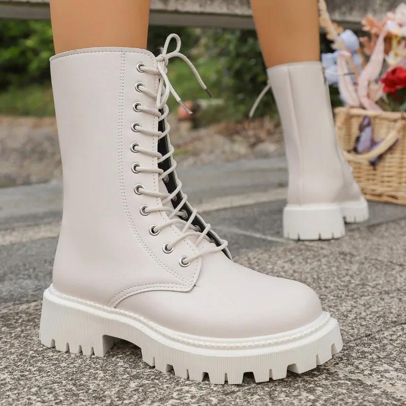 Fashion Ladies Shoes 2025 Hot Sale Side Zipper Women's Boots Fashion Lace-up Modern Boots Women New Round Toe Best Seller Mid-Calf Boots