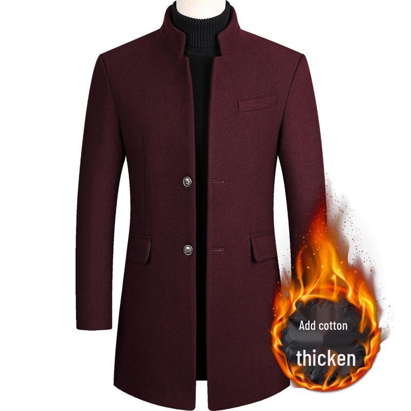 Men's Mid-Length Woolen Overcoat with Cotton Padding