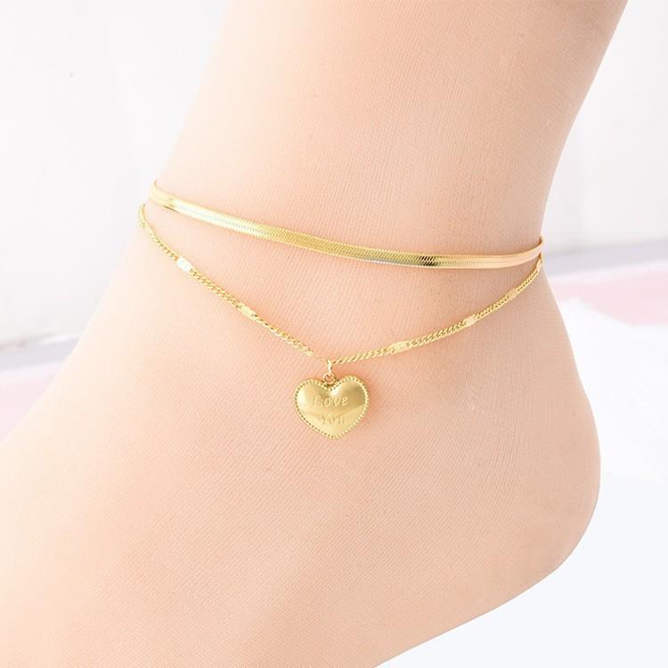 Trendy Double Layer Titanium Steel Love Heart Anklet Gold Versatile Foot Jewelry Set