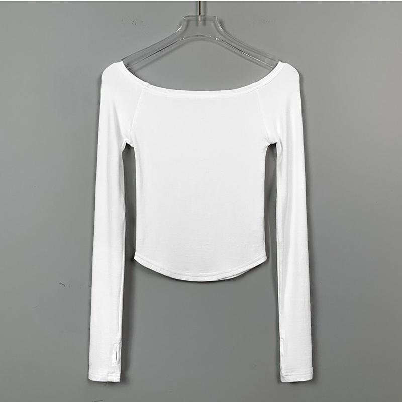 Sexy Slash Neck T Shirt Women Cotton Long Sleeves Cropped Tee Shirt Femme Slim T-shirt Female Black White Tops 2024