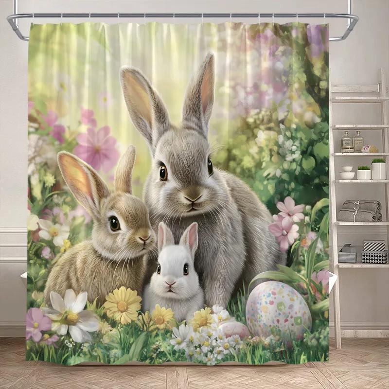 Funny Easter Shower Curtains Cute Cat Rabbit Eggs Butterfly Tulip Flowers Rustic Fabric Home Bathroom Curtain Decor With Hooks