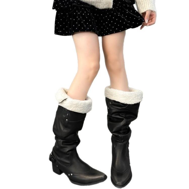 Big tube circumference boots women winter 2025 leather babes but knee boots pointed thick heel black pile boots women
