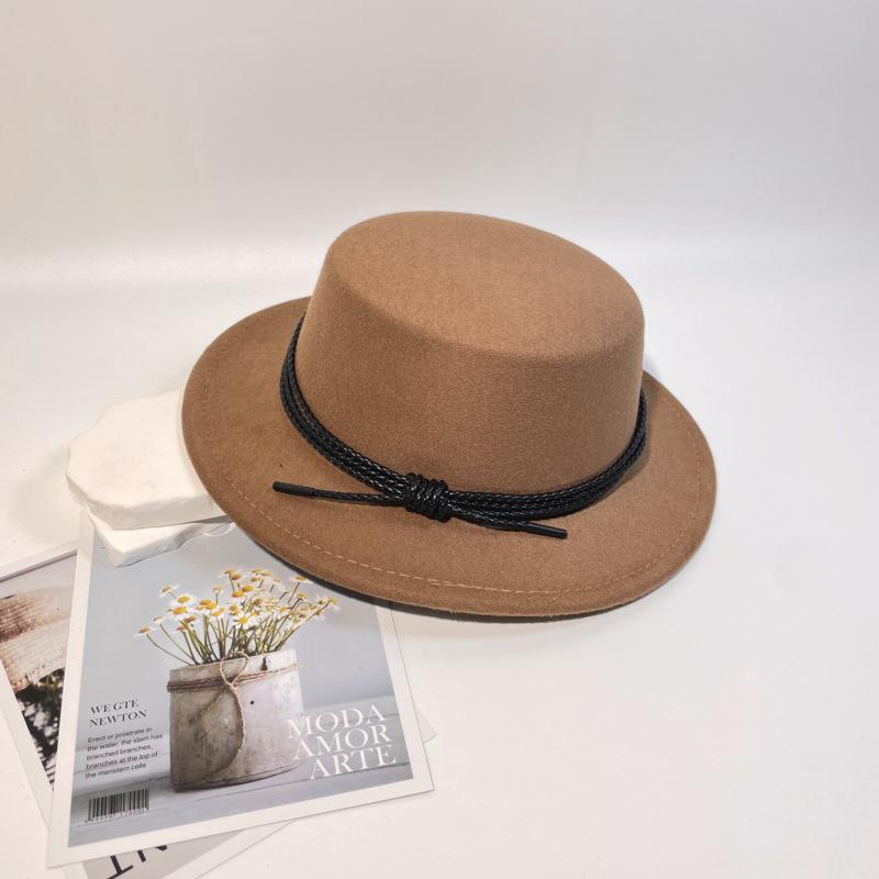 New Leather Rope Flat-top Woolen Top Hat Women's Autumn and Winter Temperament Elegant and Fashionable Versatile Flat-brimmed Felt Hat Men's Stage