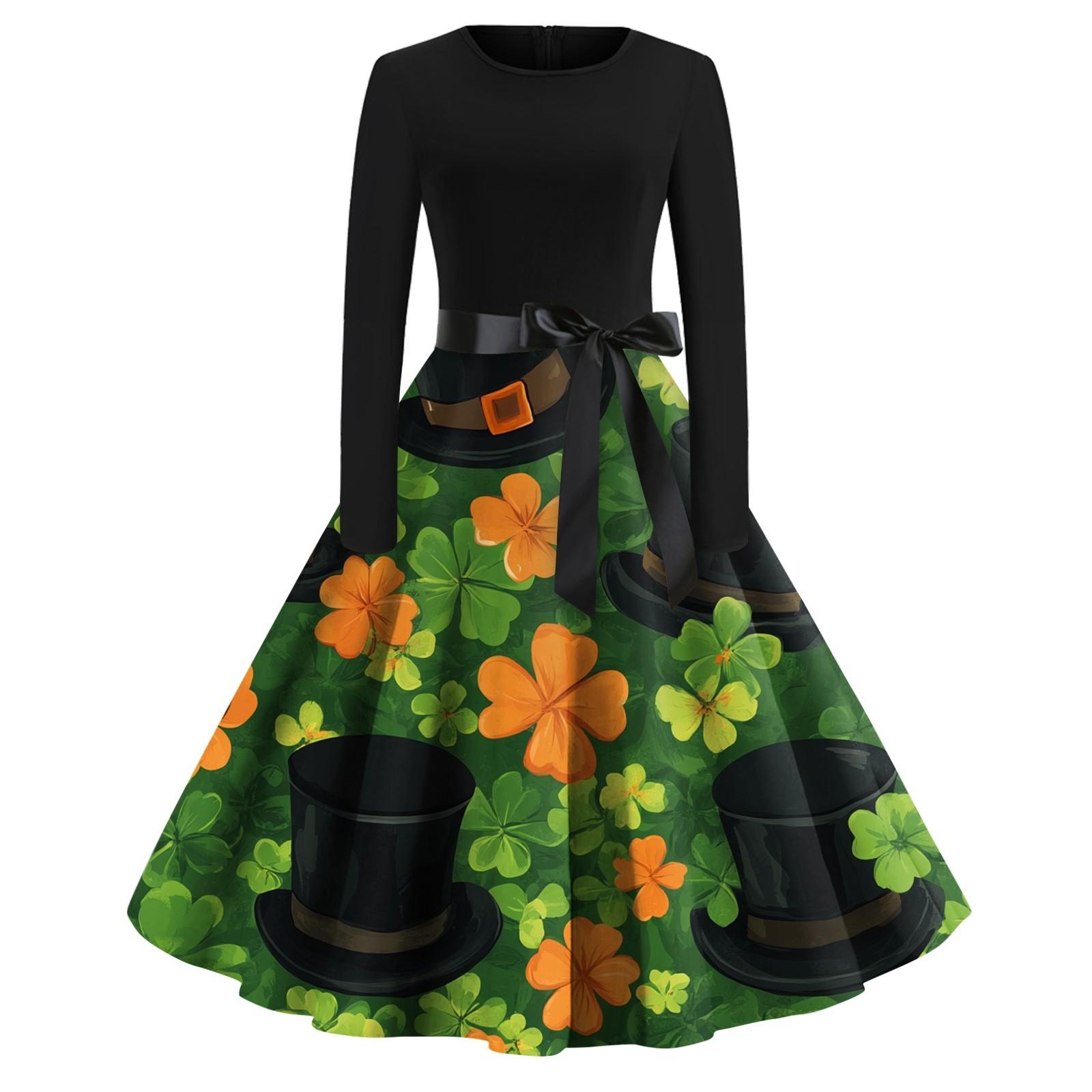 

Женская мода с круглым вырезом, повседневная, облегающая, St. Платье с длинными рукавами и принтом Патрика L армия зеленый