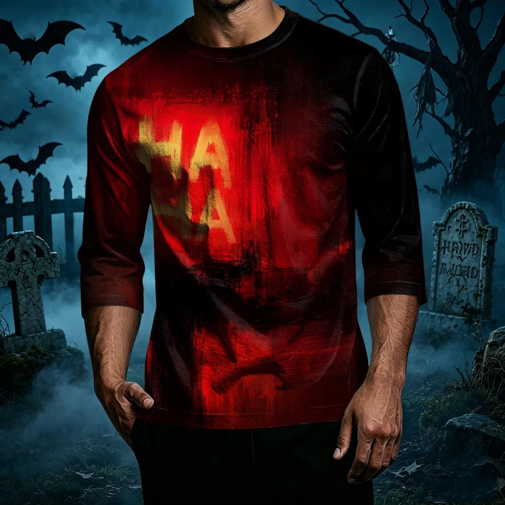 Men Casual Halloween Print Crew Neck T Shirt Three Quarter Sleeve Top Lightweight Comfortable Fit