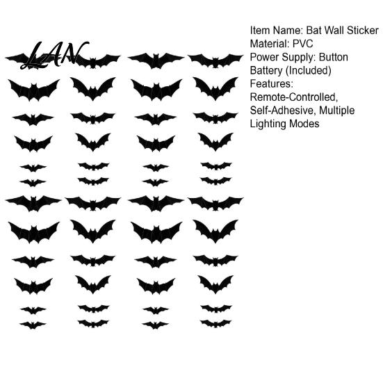 Night Glowing Atmosphere Lights 48Pcs Halloween Bats Wall Decor, LED Light Up Bats, 12 with Remote, Window Clings 6 Sizes 3D Stickers for Indoor Door