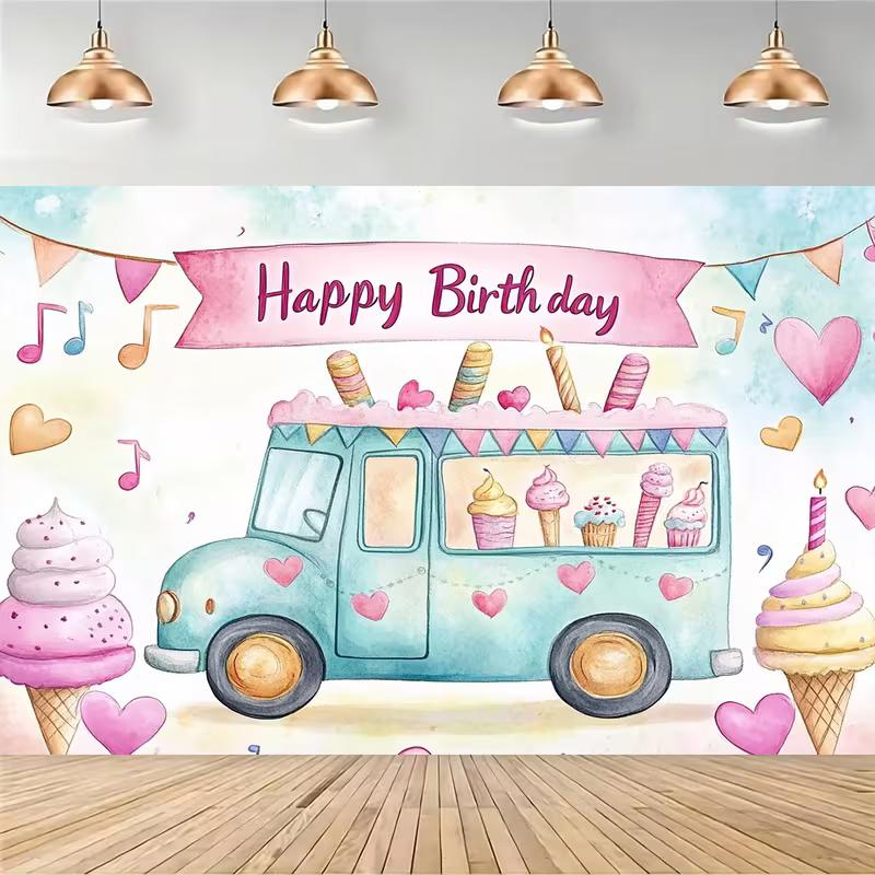 Pastel Blue Ice Cream Van Tapestry for Birthday Celebration