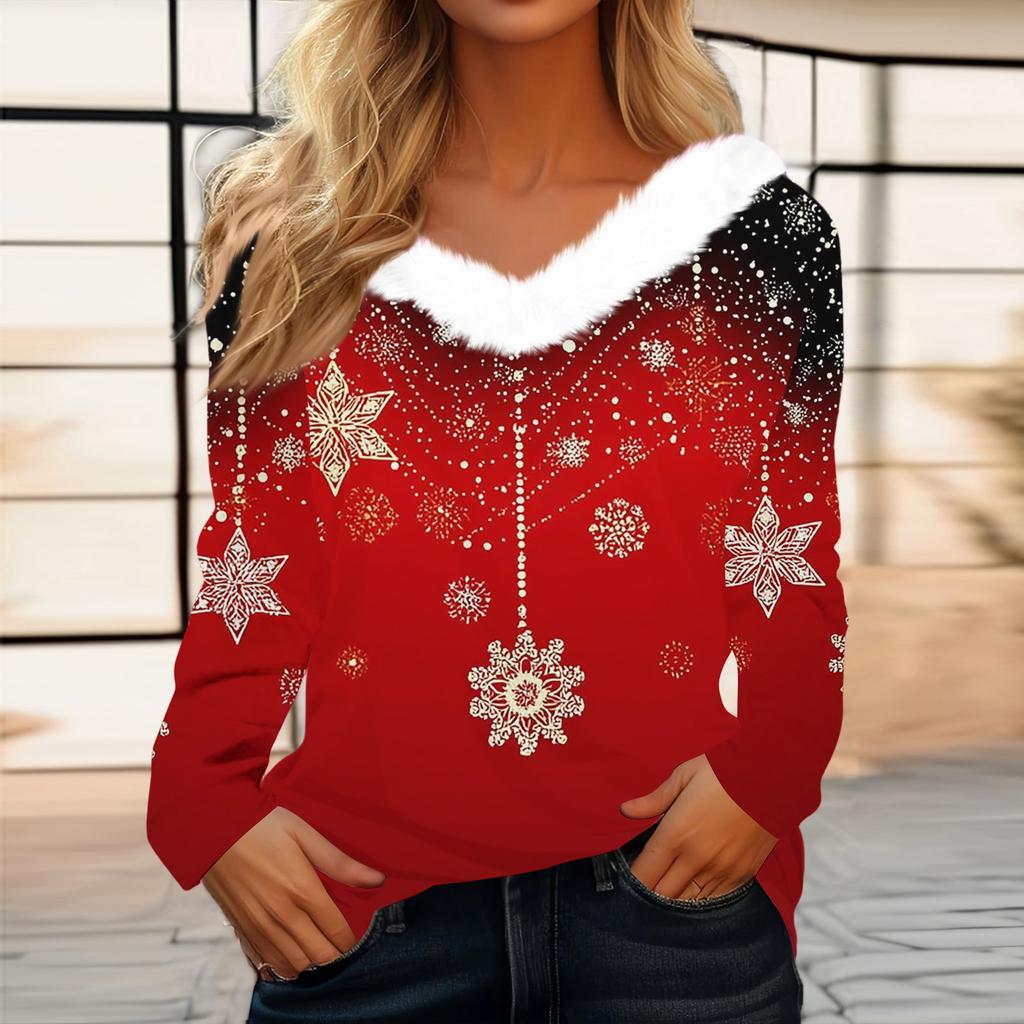 Women's Fashion Long Sleeve Christmas V-Neck Printed Party Furry Top
