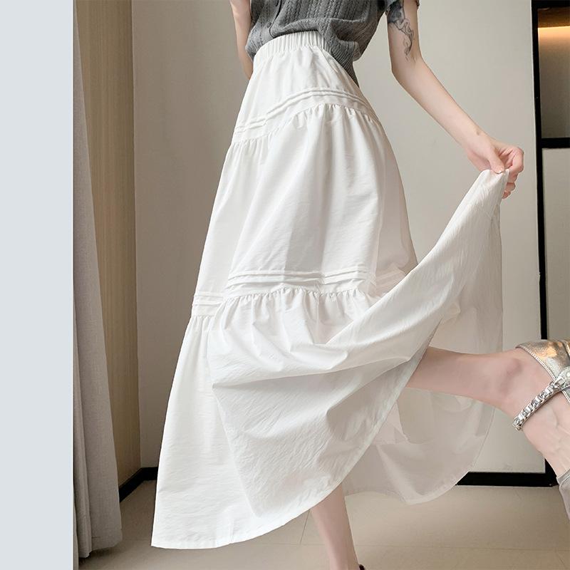White Cake Skirt with High Waist Slim and Versatile Skirt with Elastic Waist Korean Gentle Style Sweet Small Midi Skirt