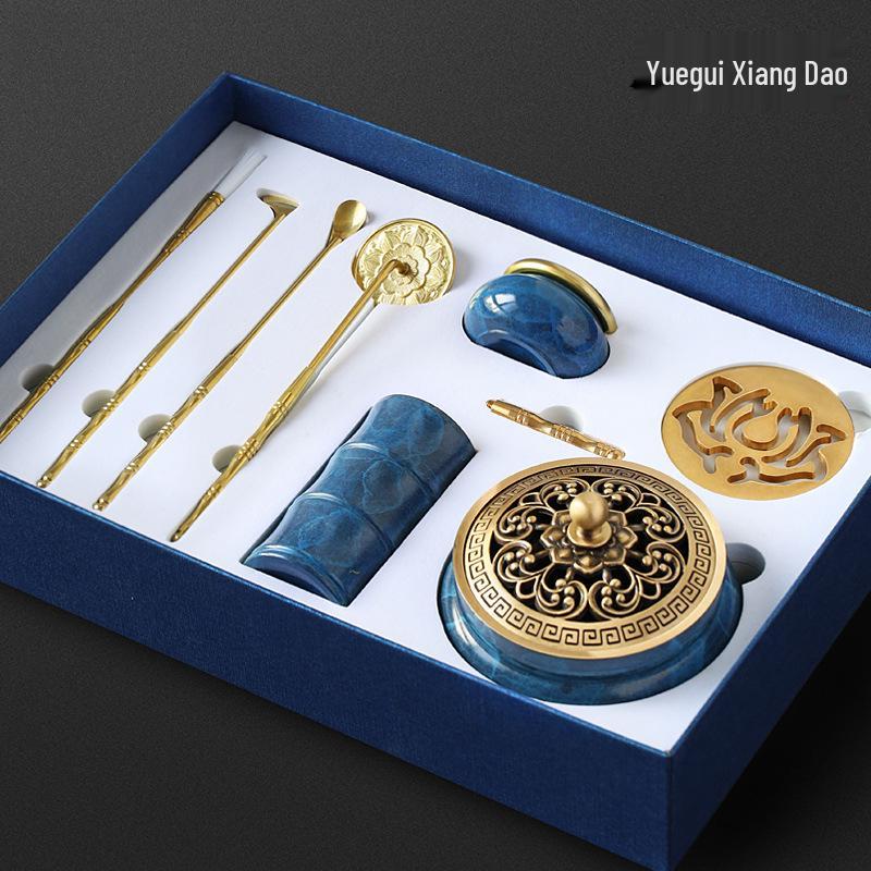 Blue-Fired Brass Incense Ceremony Tool Set: Includes Incense Powder, Coiled Incense Mold, and Seal Tools. 0157875665655