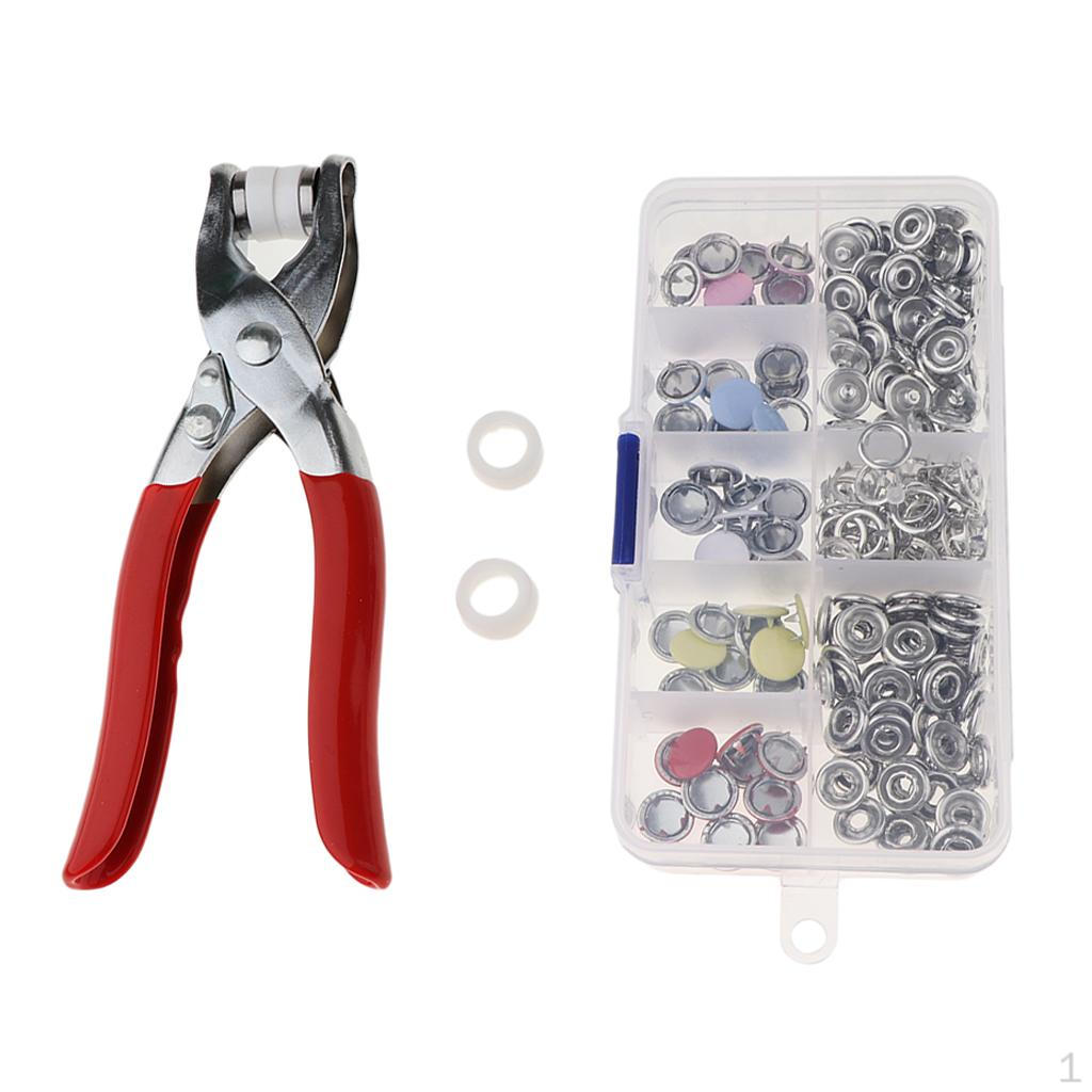 100Pcs DIY 9.5mm Prong Ring Snap Fasteners Press Studs Popper With Plier Tools for Leather, Coat,