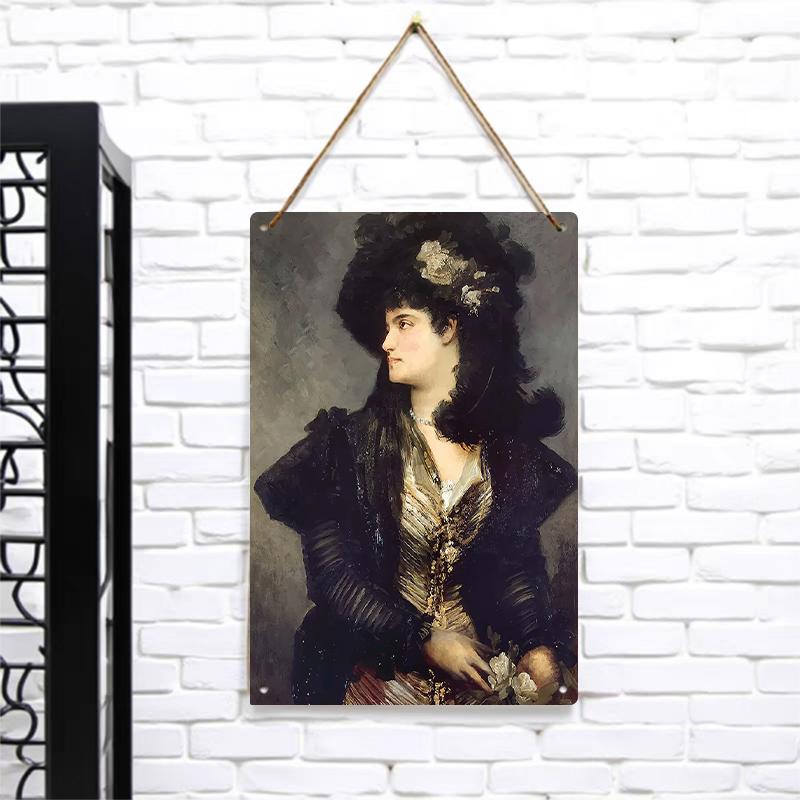 Vintage European Noble Lady Portrait Metal Tin Painting Living Room Wall Art Decor Hanging