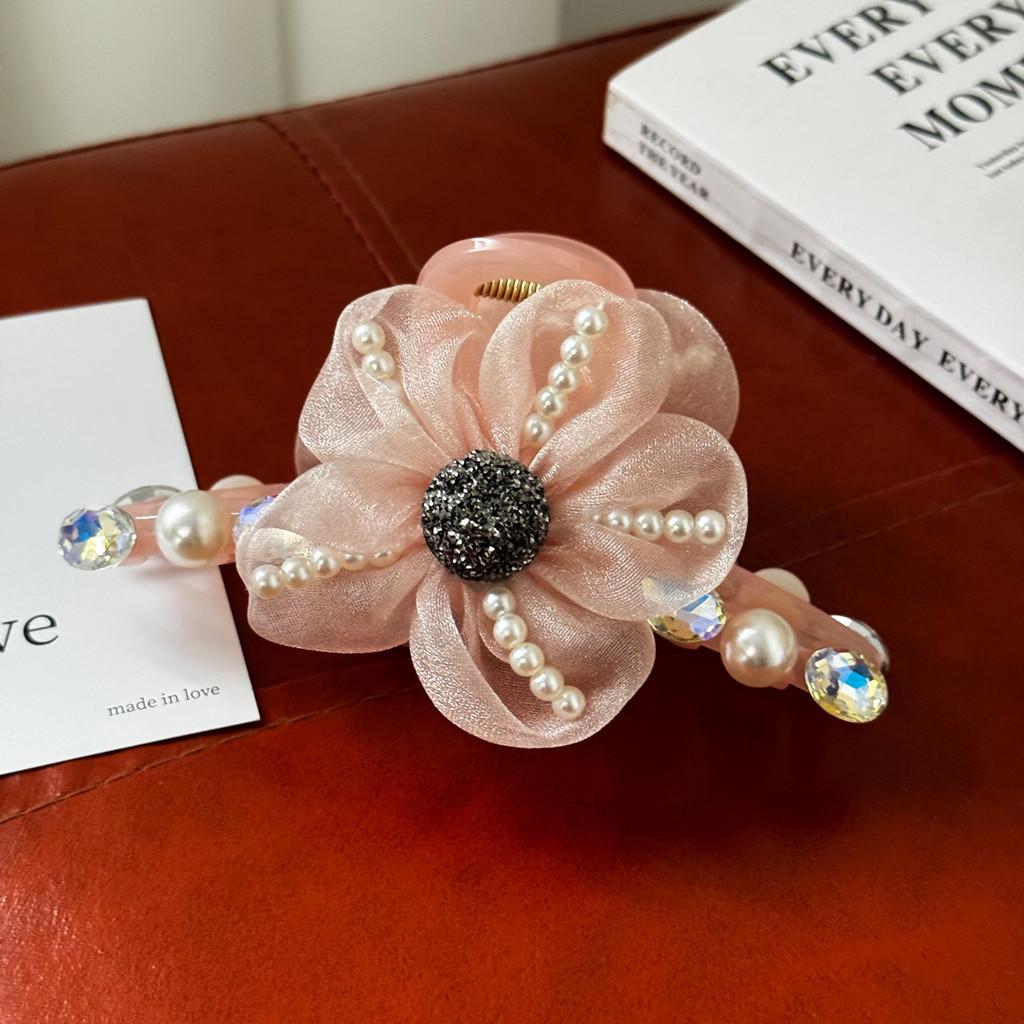 Stylish Black And Pearlescent Pink Floral Hair Claw Clip For Effortless Elegance