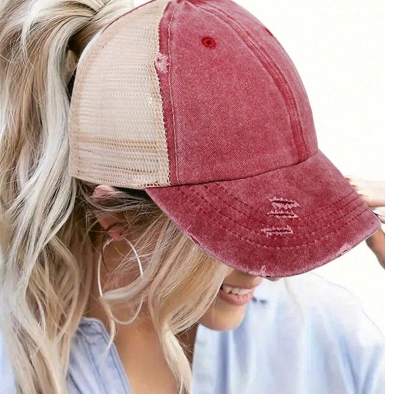 Freedom Outdoors Women's Black 1Pc Vintage Ponytail Mesh Baseball Cap,Adjustable Outdoor Sun Protection Washed Distress Trucker Hat,Suitable For Spring/Autumn Cm