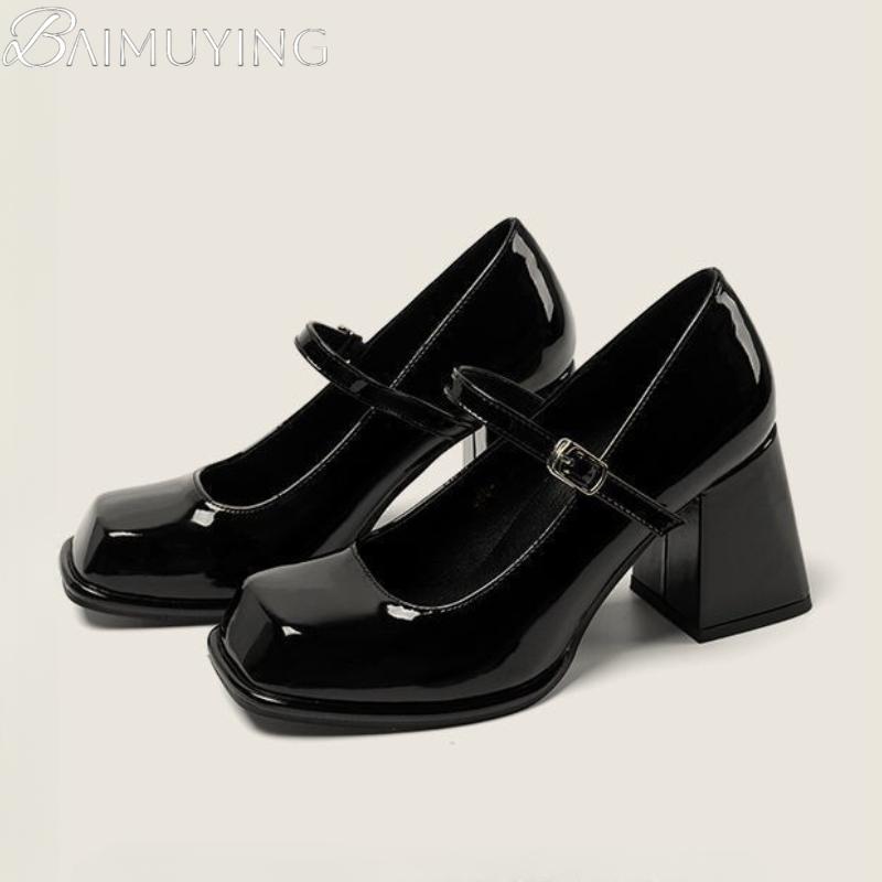 Fashion High Heeled Women's Sandals Square Toe Marie Janes Woman Shoes 2025 New Summer Shallow Chunky Elegant Dress Pumps Leather Mujer