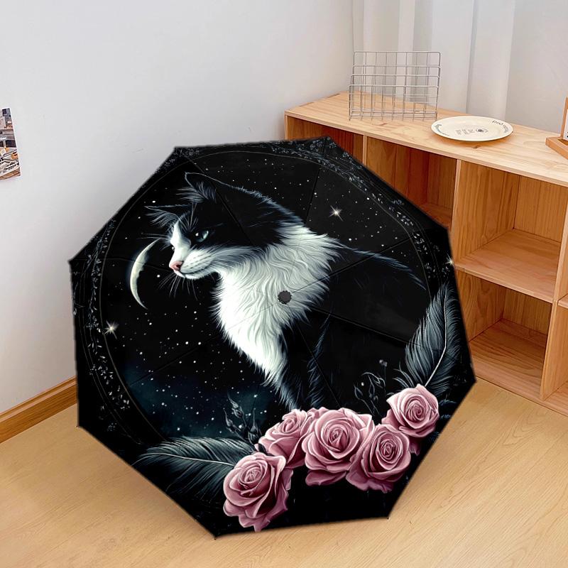 1 PC Automatic Folding Umbrella - Black and White Cat with Moon Pattern, Portable & Foldable Design with 8 Ribs, Christmas Birthday Gifts