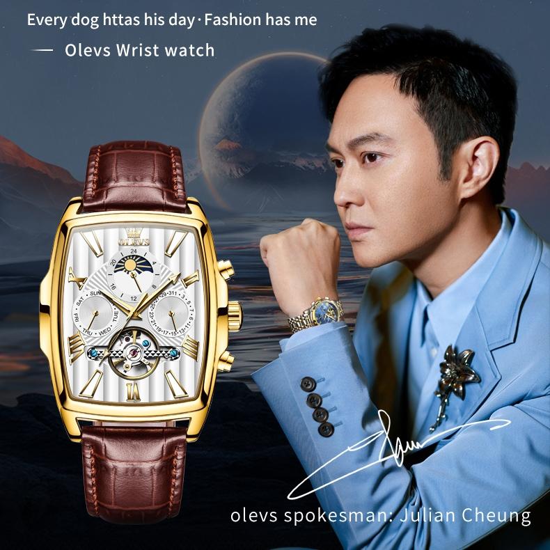 OLEVS Fashion Brand Watch Square Fashion Mechanical Watch Multi-function Belt Hollow Men's Watch Men's Watch