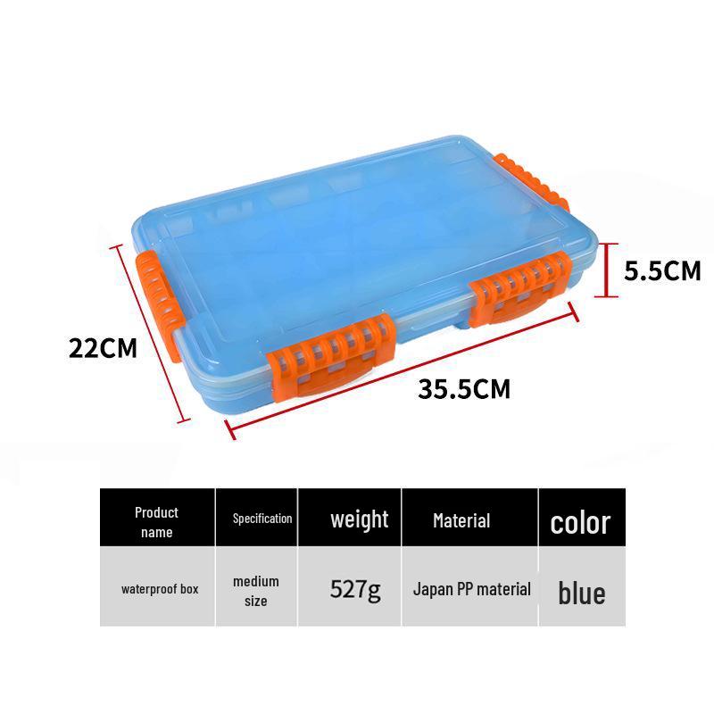 Wasserdichte Köderaufbewahrungsbox mit herausnehmbaren Trennwänden und großem Fassungsvermögen, gesichert mit Kombinationsschnallen für Angelzubehör.