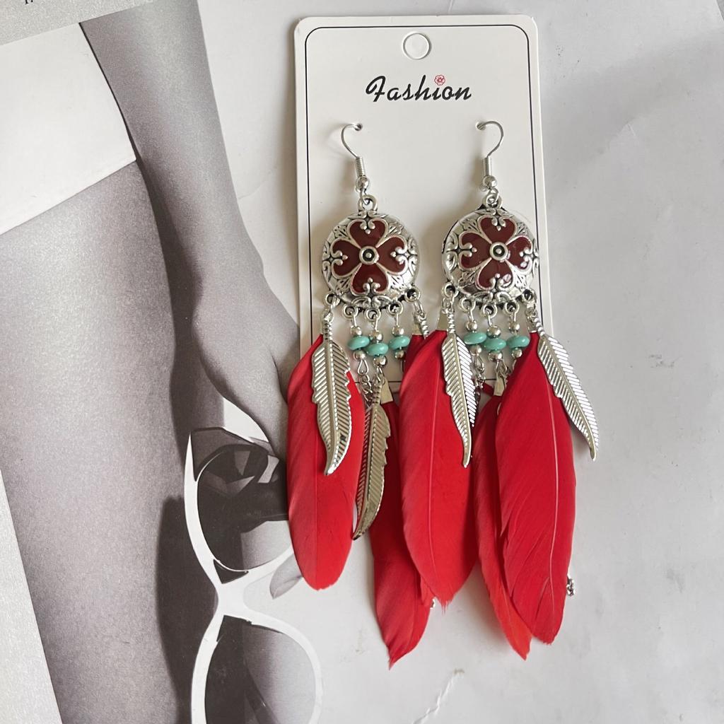 Vintage Bohemian Feather Tassel Earrings Exaggerated Ethnic Vacation Dangle Ear Jewelry Fashion Accessories For Women