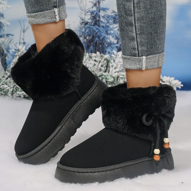 Damen Fellige Schneestiefel mit Schleife & Perlen, Plüschgefütterte Winterstiefeletten, Outdoor Knöchelstiefel auf Lager