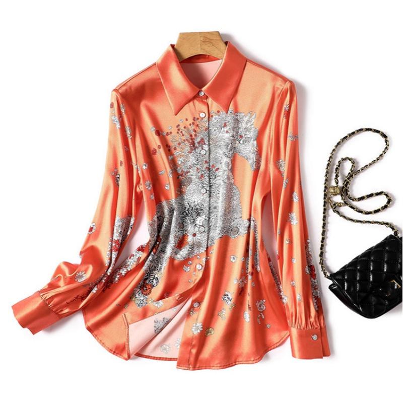 Ladies Spring Summer Smooth Long Sleeve Casual Shirt Printed Long Sleeve Office Shirt