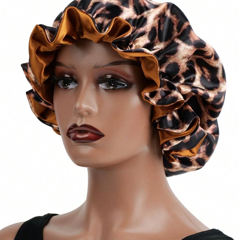 1PC Hair Bonnet Printed Leopard Double Layer Satin Splicing Hair Bonnet For Sleeping For Curly And Straight Hair