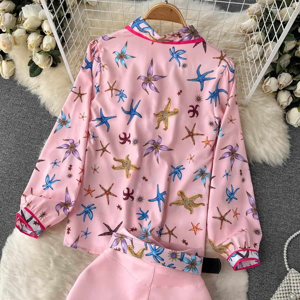 Spring Lace Stitched Long Sleeve Printed Shirt + Waist Bag Hip Pleated Fishtail Skirt Two-Piece Suit