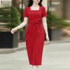 Women Elegant Square Collar Casual Short Sleeve Slim Sheath Dress