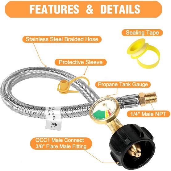 RV Propane Hose Replacement with Gauge 2 Pack Camper Propane Hose for RV Two-Stage Regulator Stainless Steel Braided 1/4" Male NPT and QCC 1