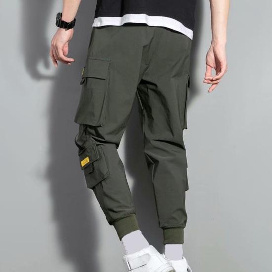 Men Cargo Pants Multi Pockets Solid Color Strap Decor Loose Drawstring Elastic Waist Plus Size Daily Wear Streetwear Long Work Trousers Outdoor