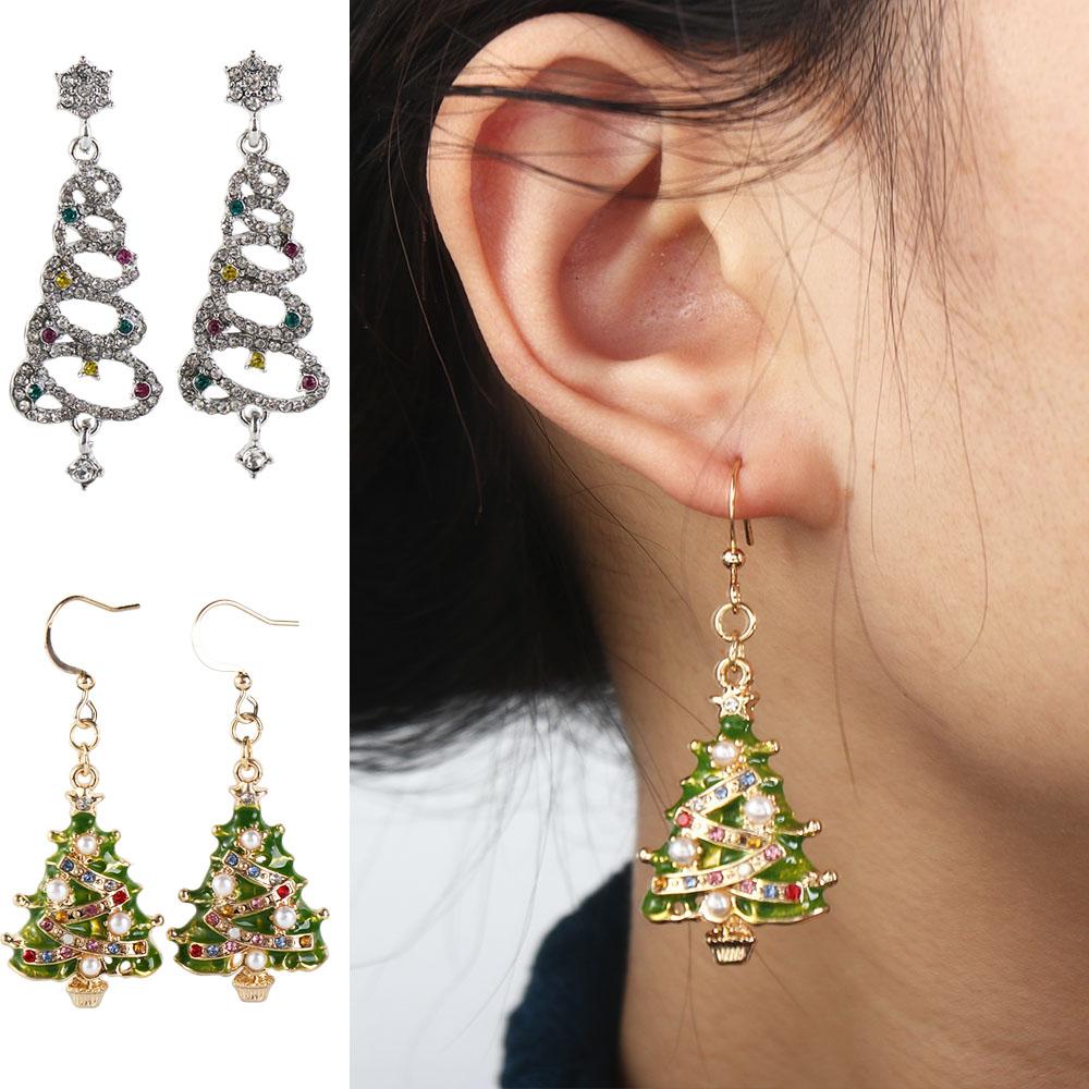 Zinc Zinc Alloy Christmas Tree Earrings Gold Christmas Earrings Elegant Rhinestone Dangle Earrings  Gift