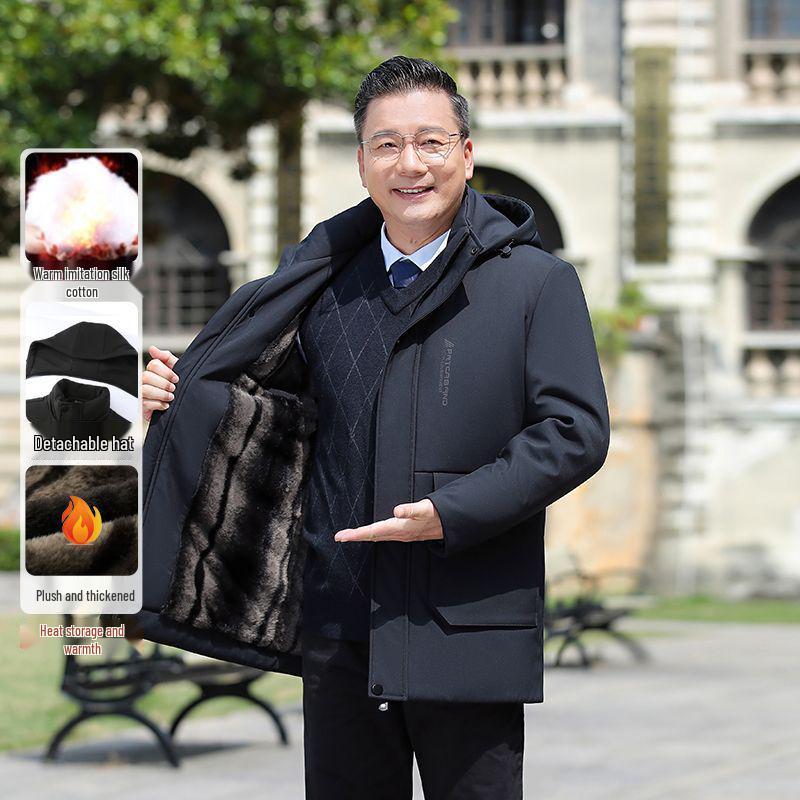 Men's Mid-Length Winter Jacket with Fleece Lining – Warm Down Cotton Coat for Middle-Aged and Elderly Dads