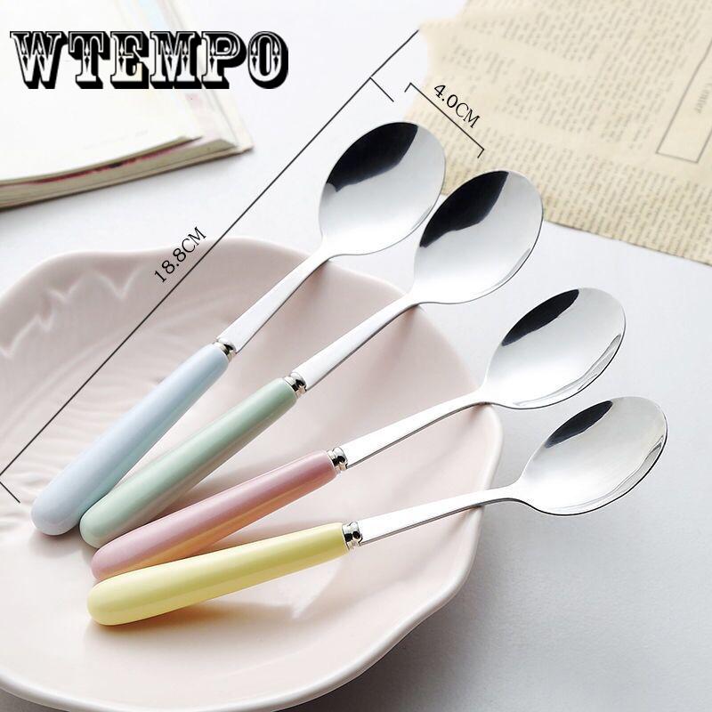 Ceramic Handle Stainless Steel Spoon Household Candy Color Family Cute Tableware