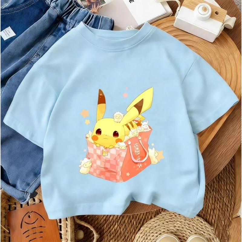Boys' and Girls' Summer Casual Street Style Fashion Popular Cartoon Children's Crew Neck T-shirt Pikachu