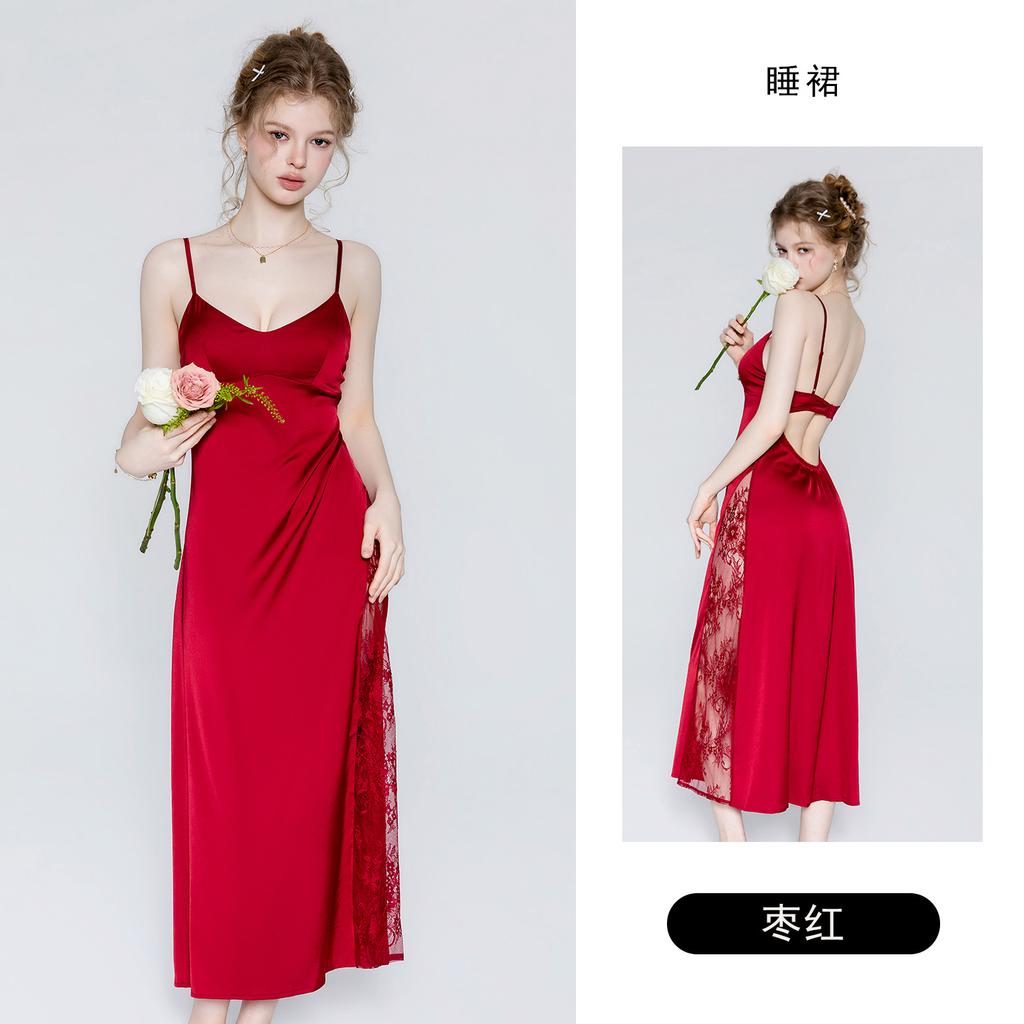 Women's Satin Lace Sheer Padded Slit Sleep Dress with Robe Lounge Set