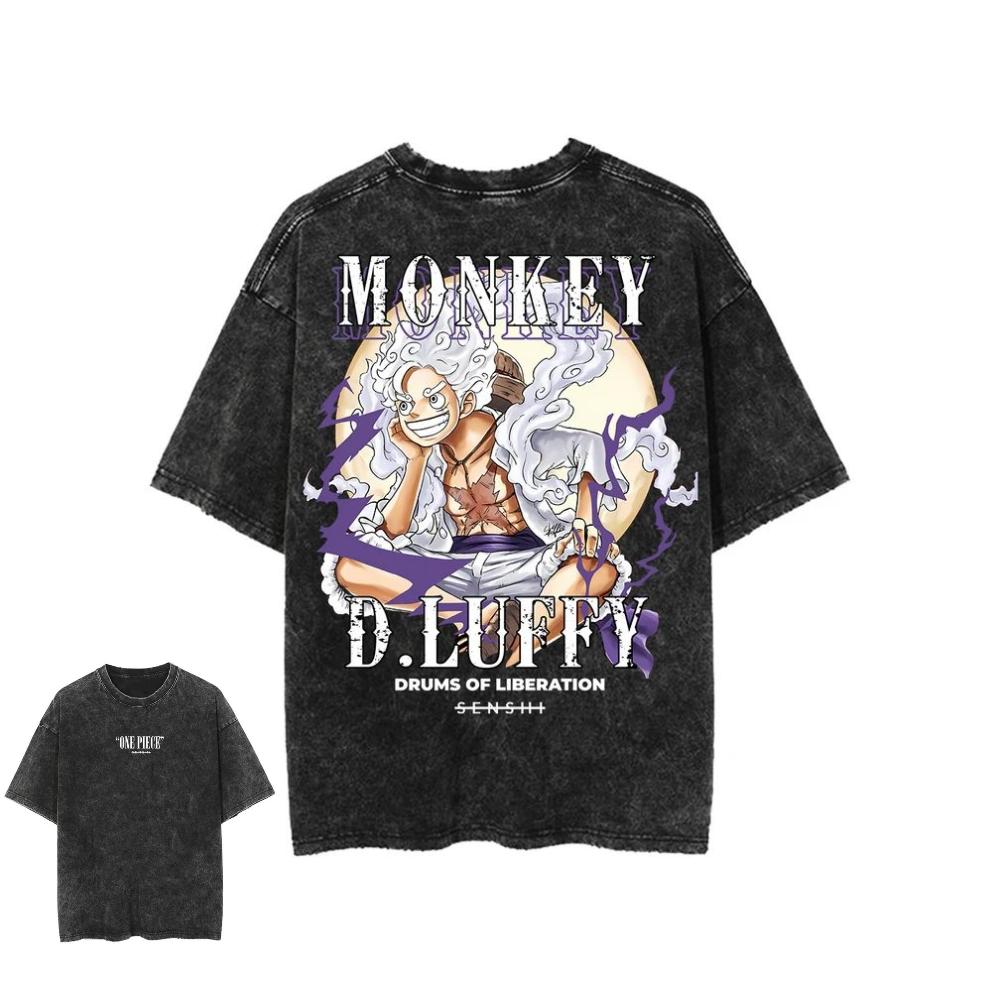 Oversized Vintage Washed One Piece Anime T Shirt Men Women Cotton Short Sleeve Tee Streetwear Graphic Print Tops
