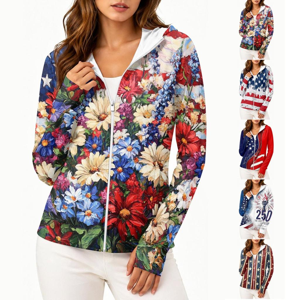 Damenmode Reißverschluss Hoodie mit Kapuze und Taschen Langarm Bedruckte Sonnenschutzkleidung Leichte Freizeit-Oberbekleidung für den täglichen Gebrauch