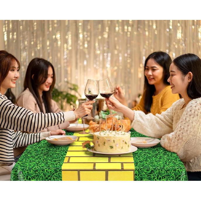 2 Pcs Yellow Brick Runner Tablecloth Cover Green Grass 54 x 87 Wizard Party Decoration Brick Backdrop Wall Waterproof Grass Field Plastic Table Cover