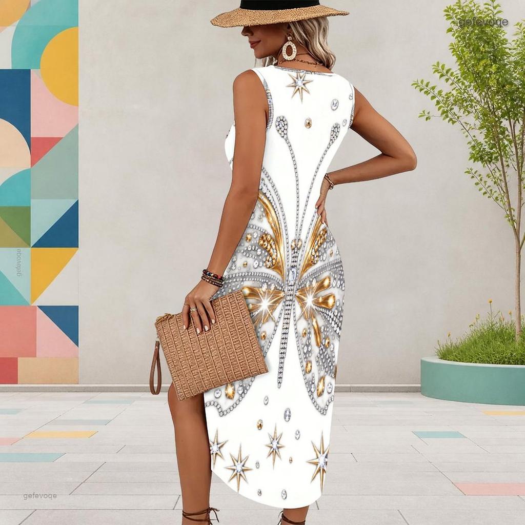 Women Plus Size Sleeveless U Neck Black Printed Dress High Side Slit Curved Hem