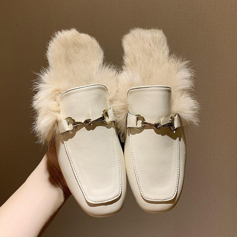 Зимние женские замшевые теплые тапочки Бренд Роскошные мюли Плоские туфли 2026 Новый короткий меховой шлепанцы Дизайнерские хлопковые тапочки Mujer 35