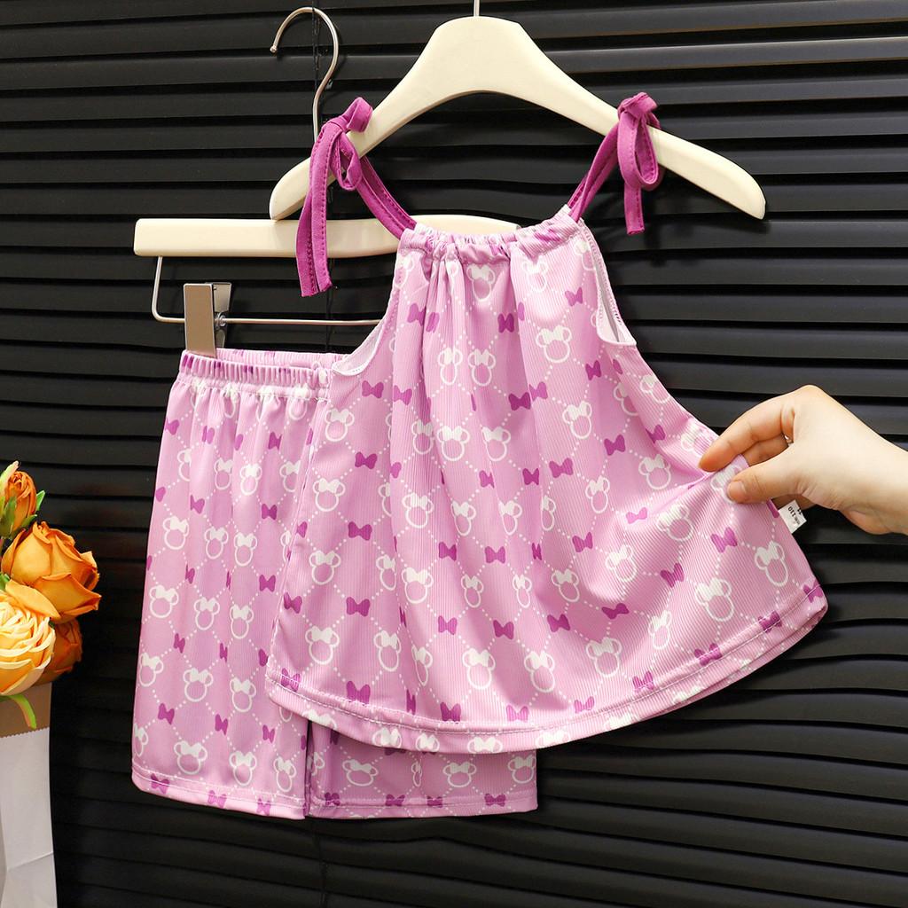 Summer Girl Shorts Pajama Set With Ice Silk Fabric For Toddler Girls