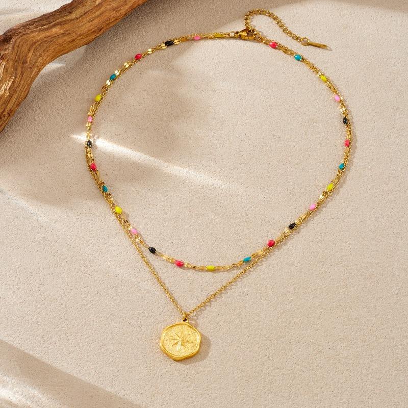 

Gold Plated Layered Rainbow Enamel Necklace, Dainty Double Chain Star Coin Pendant Necklace, Boho Summer Jewelry for Women Gift золотой