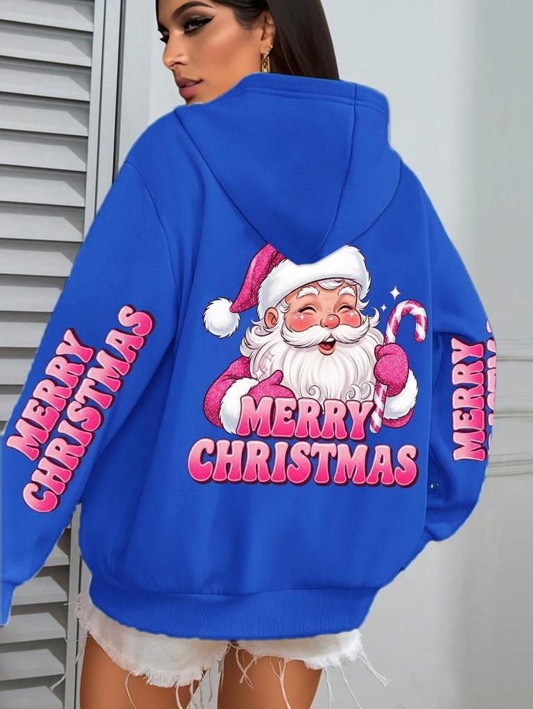 Women's Pink Santa Claus Christmas Hoodie with Pockets - Autumn/Winter