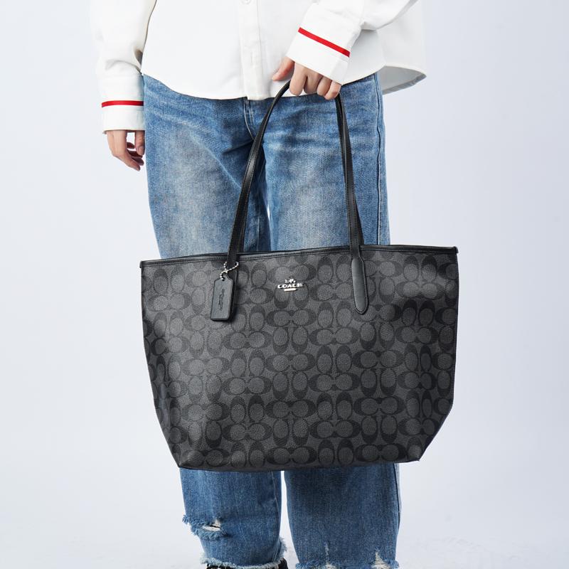 Coach City 33 Classic Monogram Chiusura a Bottone Borsa Tote Grande Capacità Donna tote Nero 5696-SVTSQ