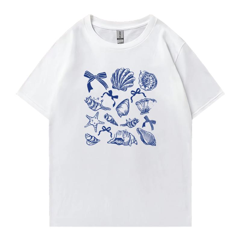 Hot sale Women's Ocean Animal Conch Bow Pattern Oversized t-shirt Unisex Cotton Men Women Casual short sleeve t-shirt Summer Top