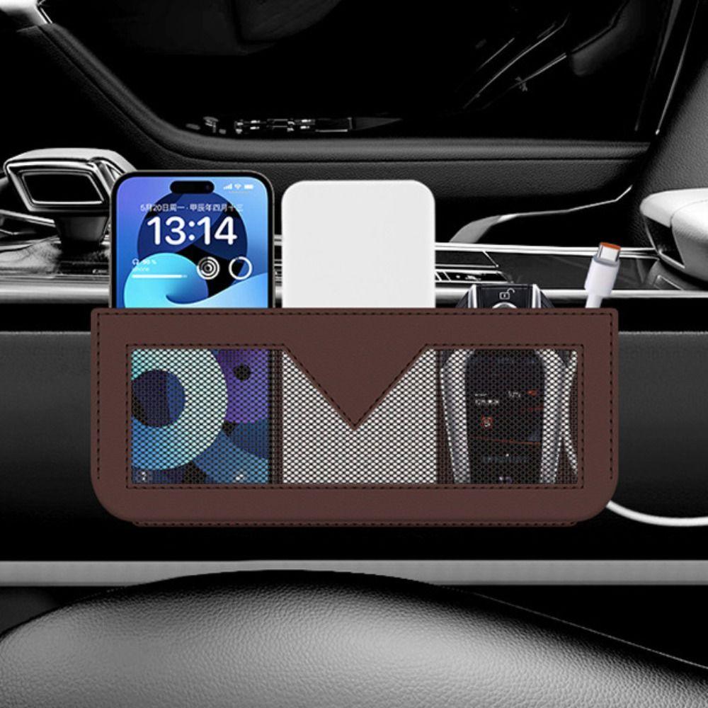 Universal Sticky Car Net Bag Multi-function PU Leather Mobile Phone Bag  Console Side