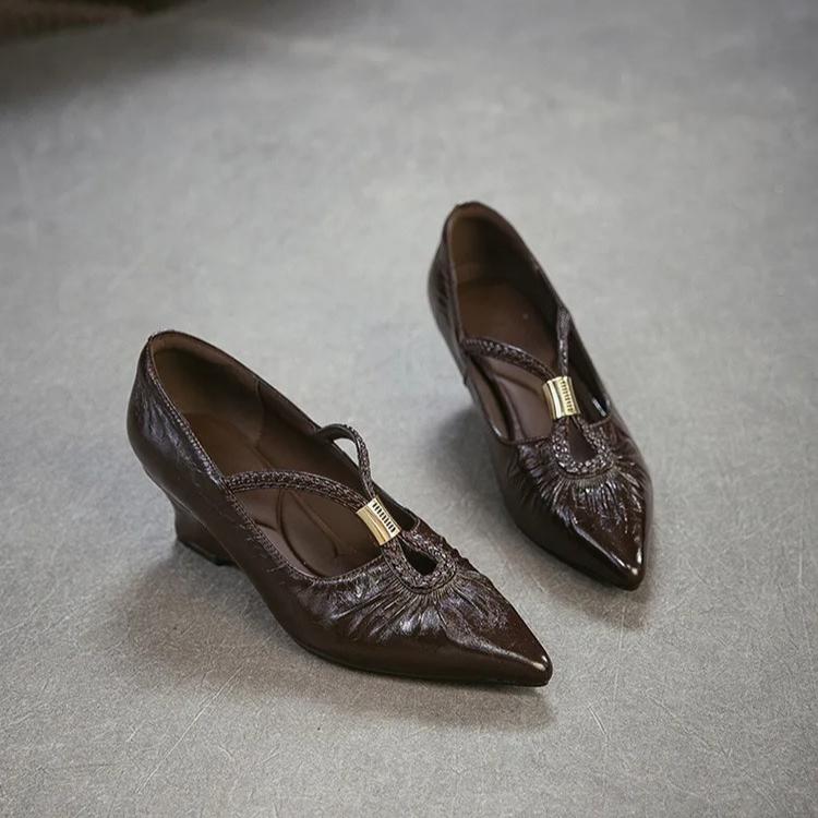 Johnature Retro Pointed Toe High Heels Versatile Genuine Leather And Comfortable Coarse Heels Women's Shoes